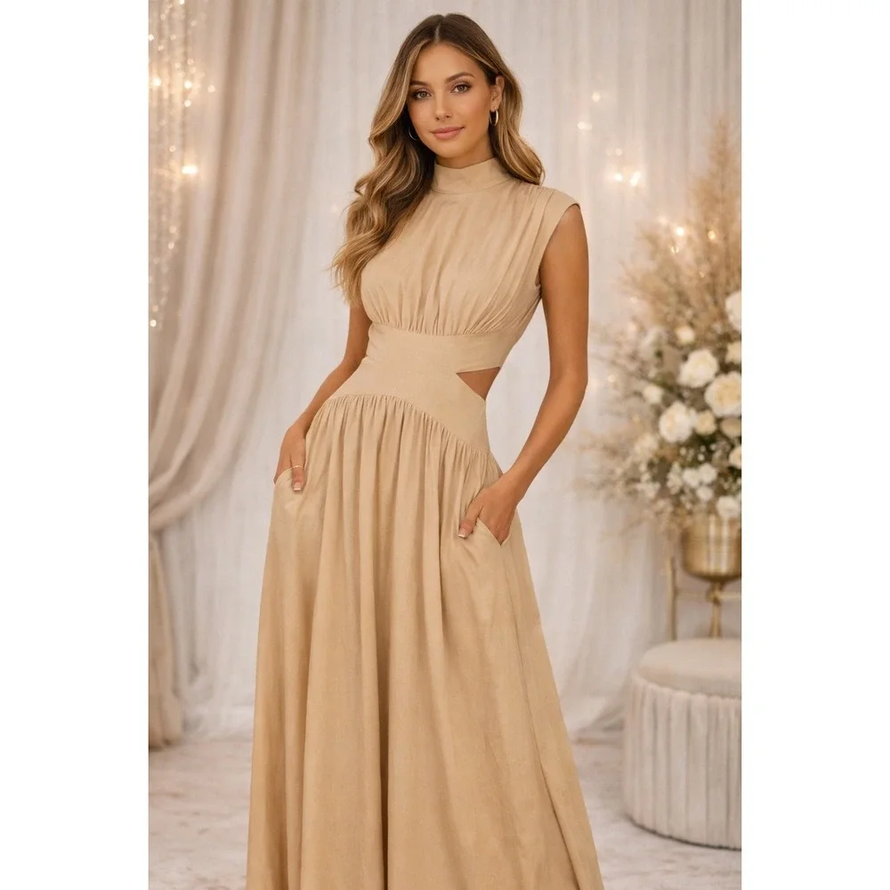 Commense Beige Cutout Maxi Dress High Neck‎  Elegant Flowy size S